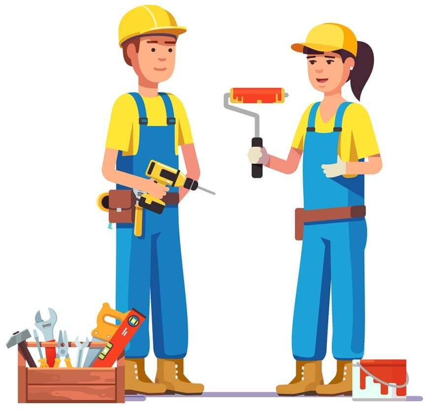 Workers in uniform renovating a building