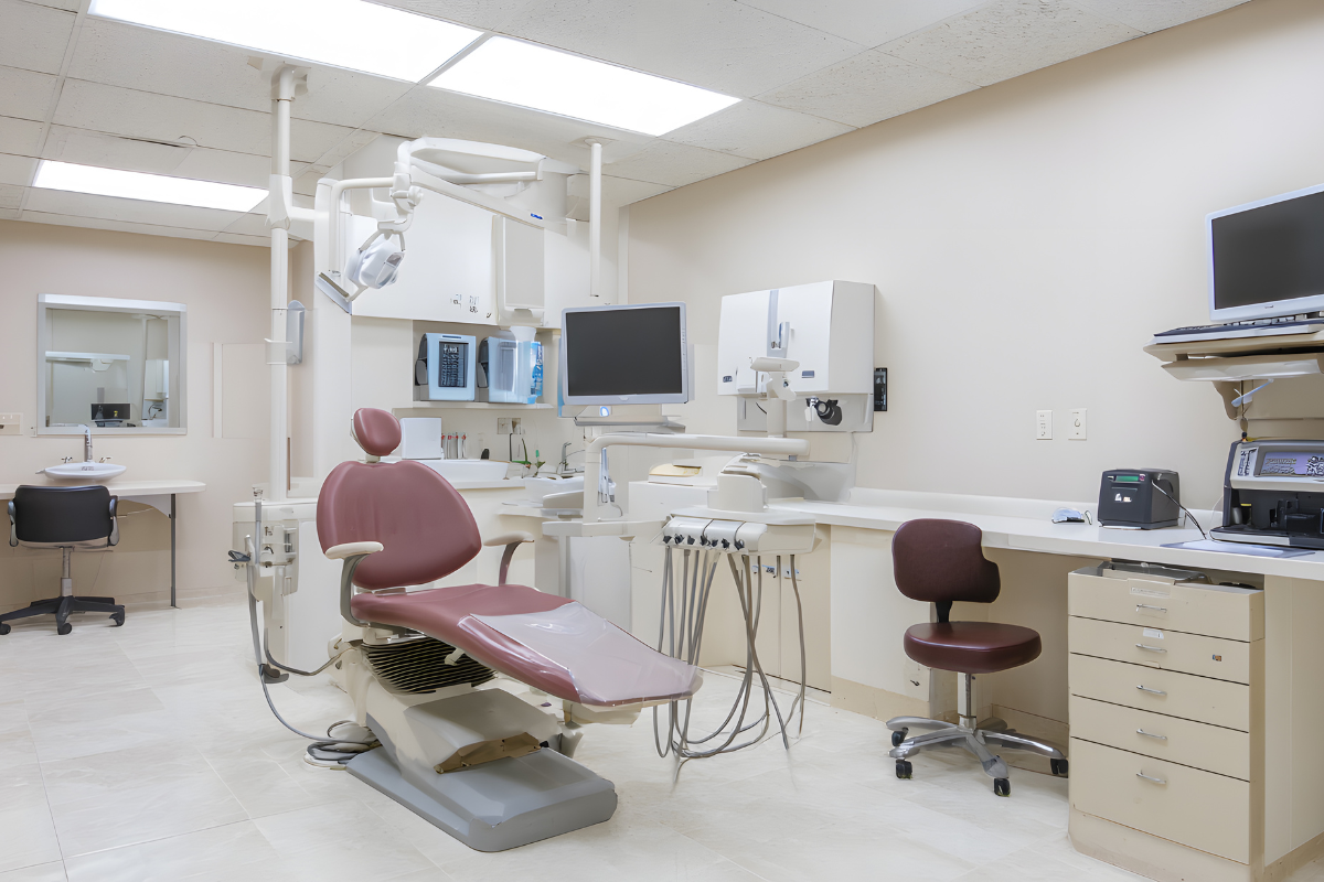 dental chair and monitors in a clinic