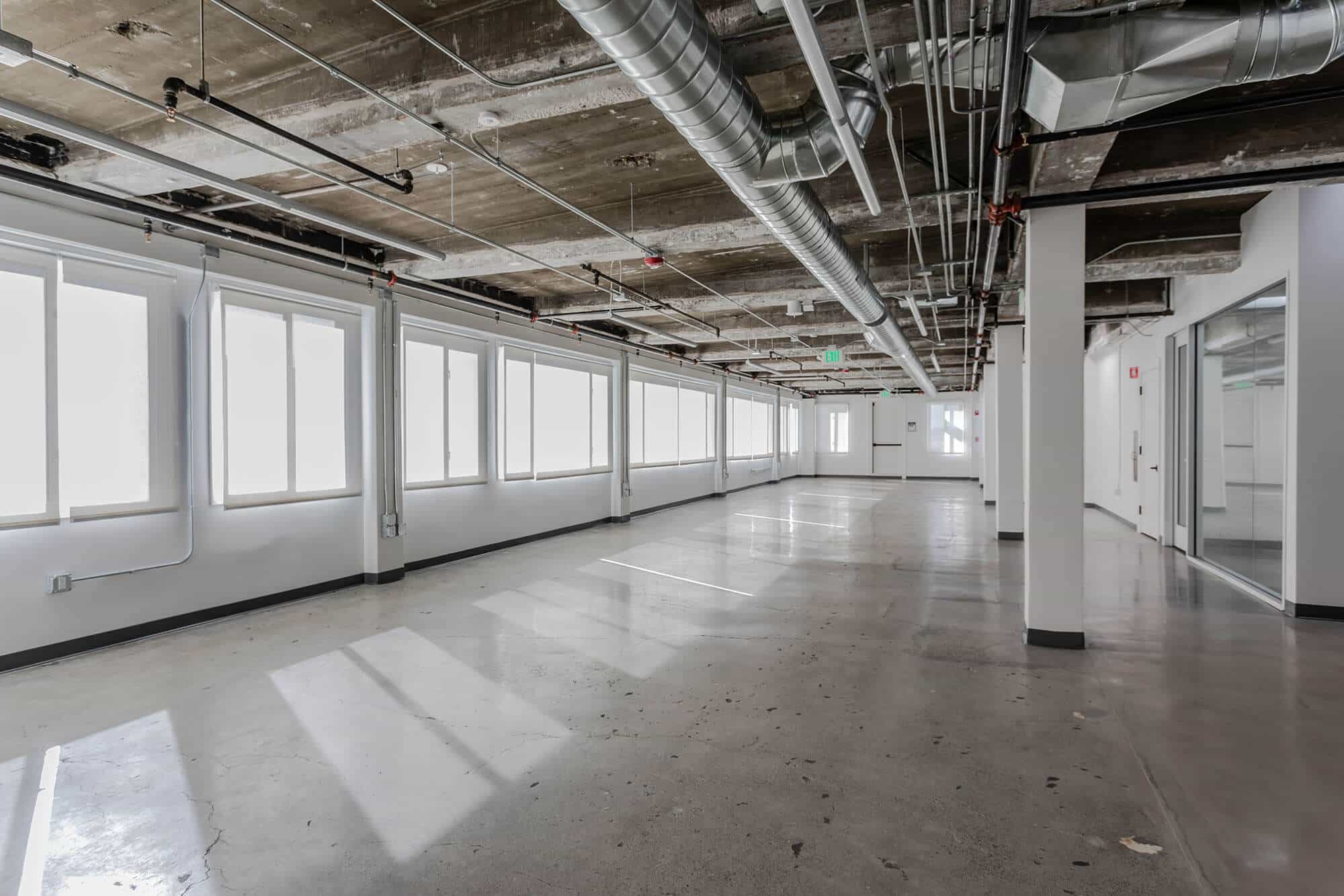 shining floor with glass door, air duct line and glass window