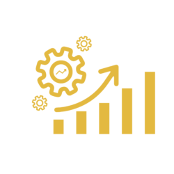 yellow graph with upward arrow and a wheel icon