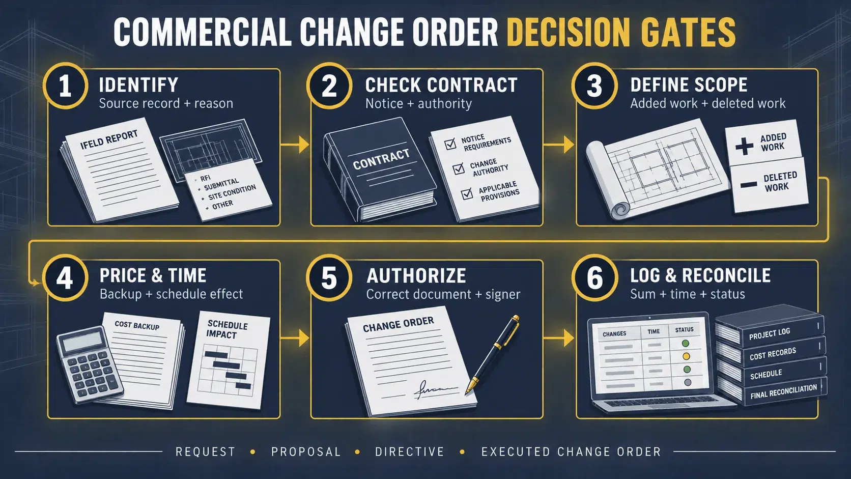 Six decision gates for reviewing a commercial construction change order, from identifying the source record through final reconciliation