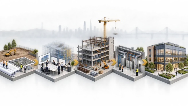 Commercial construction process from site evaluation and design through construction, commissioning and turnover