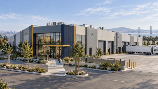 Illustrative Bay Area light industrial flex building with office entry, warehouse bays and separated loading access