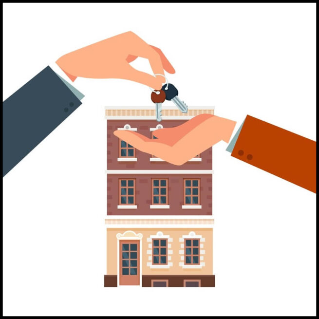 Real estate agent giving a home key chain to a buyers hand. Tenant agreement