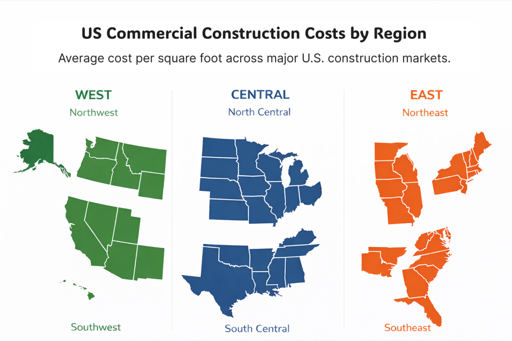 Commercial Construction Costs across West, East, and Central U.S. Region