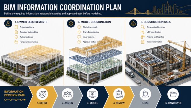 BIM information coordination plan covering owner requirements, model coordination and construction uses