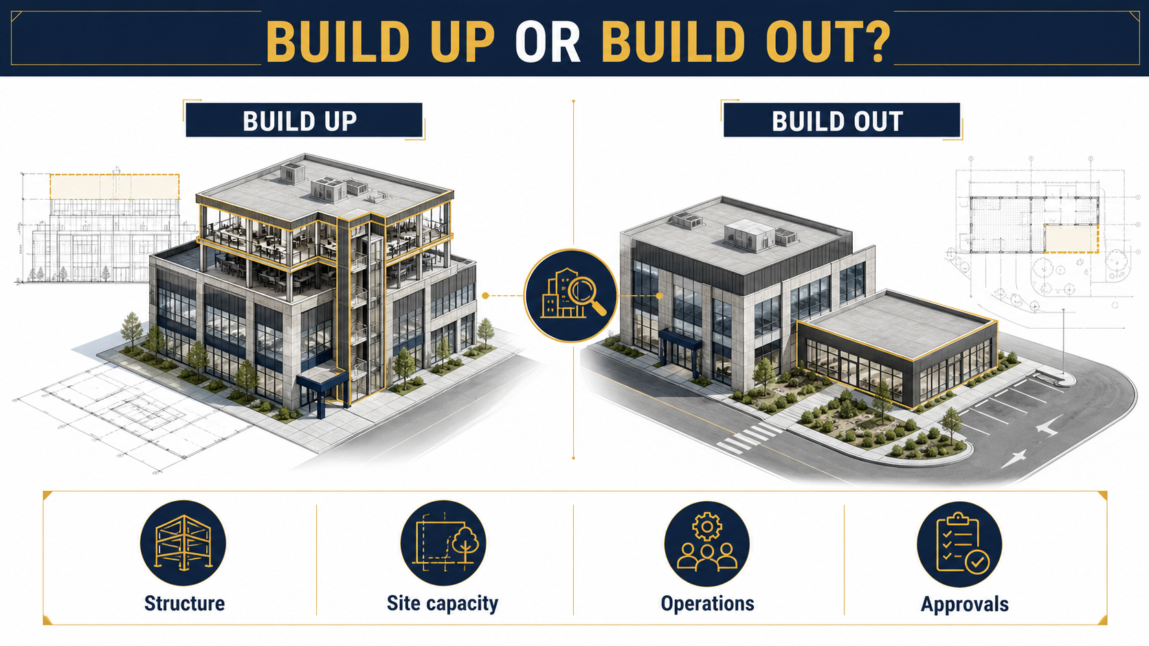Commercial building expansion comparison showing build-up and build-out options