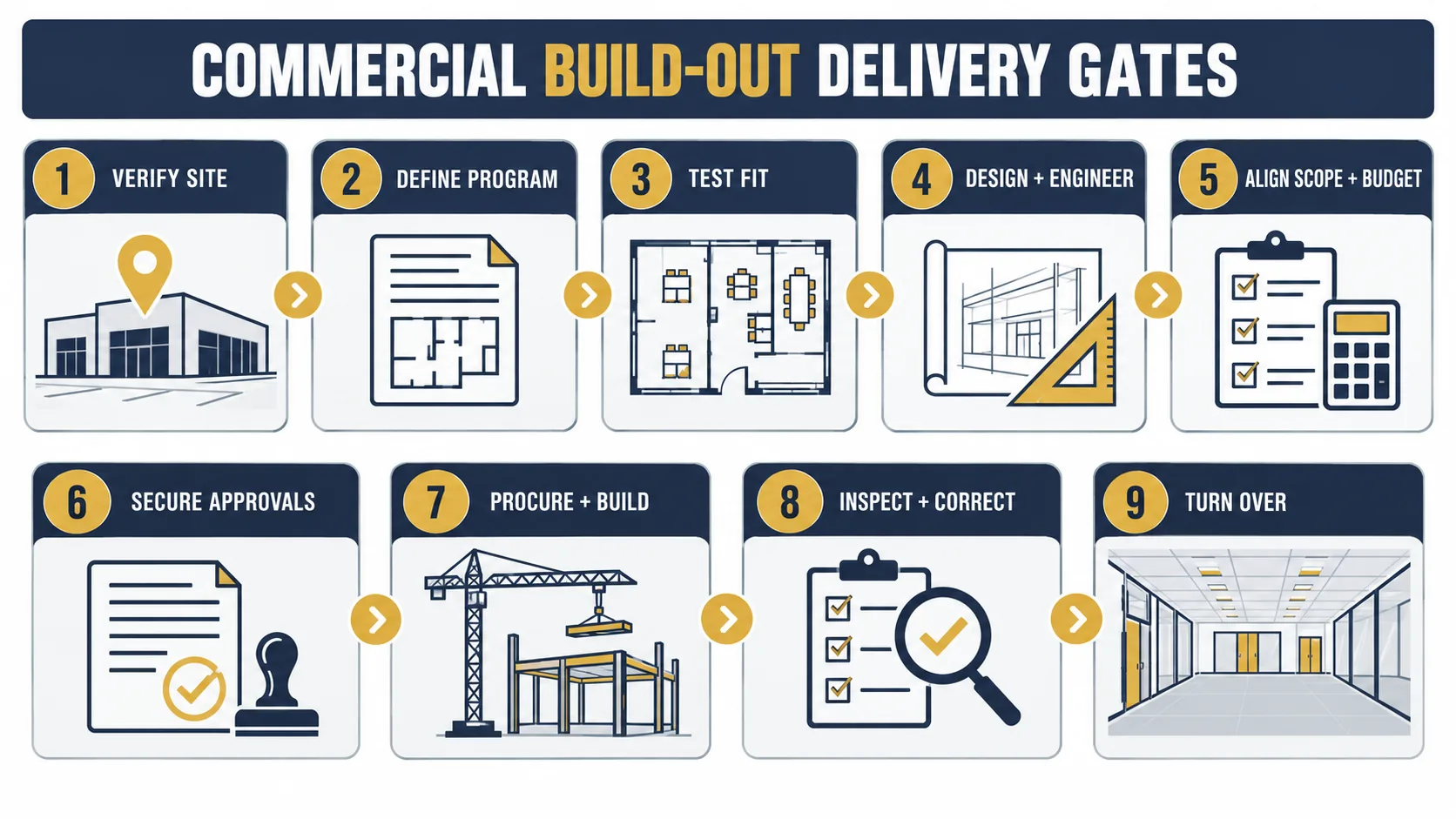 Nine commercial build-out delivery gates from site verification through turnover