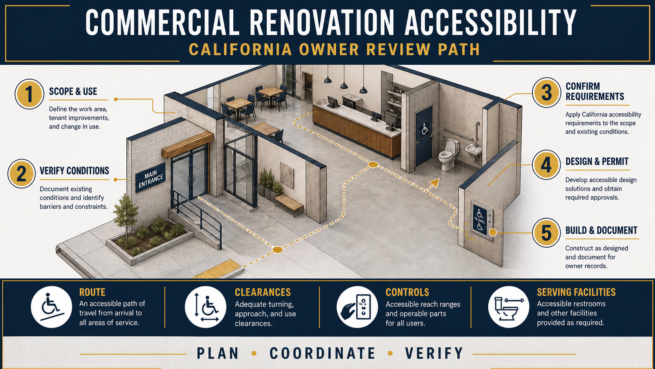 California Commercial Renovation Accessibility: Owner Review Path Five-stage California commercial renovation accessibility review from scope and field verification through design, permitting and documentation