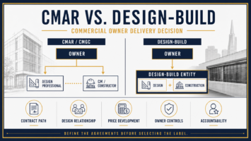 Diagram comparing CMAR and design-build contract paths for a commercial owner