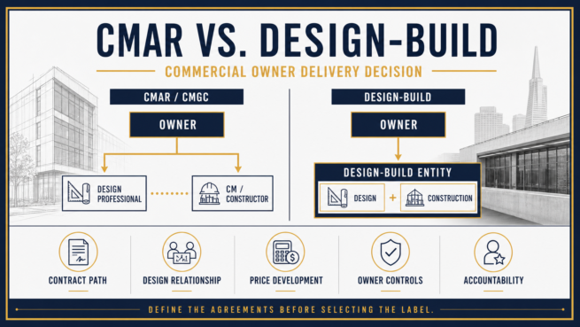 Diagram comparing CMAR and design-build contract paths for a commercial owner
