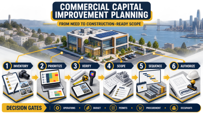 Six-stage commercial capital improvement planning framework covering inventory, priorities, verification, scope, sequencing and authorization