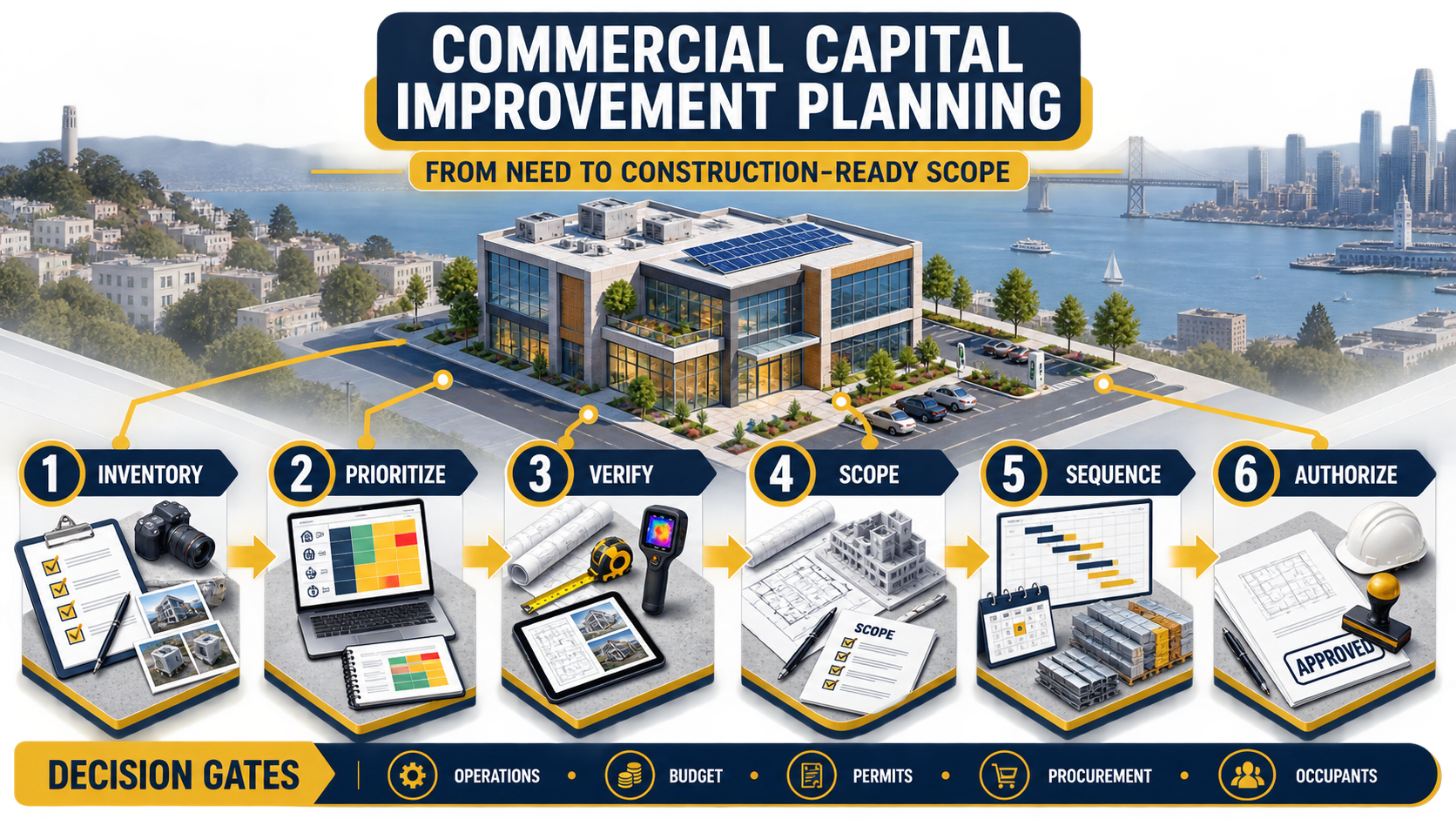 Commercial Capital Improvement Planning Framework Six-stage commercial capital improvement planning framework covering inventory, priorities, verification, scope, sequencing and authorization