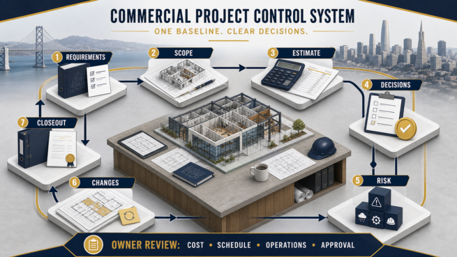 Commercial capital improvement project control system connecting requirements, scope, estimates, decisions, risk, changes and closeout