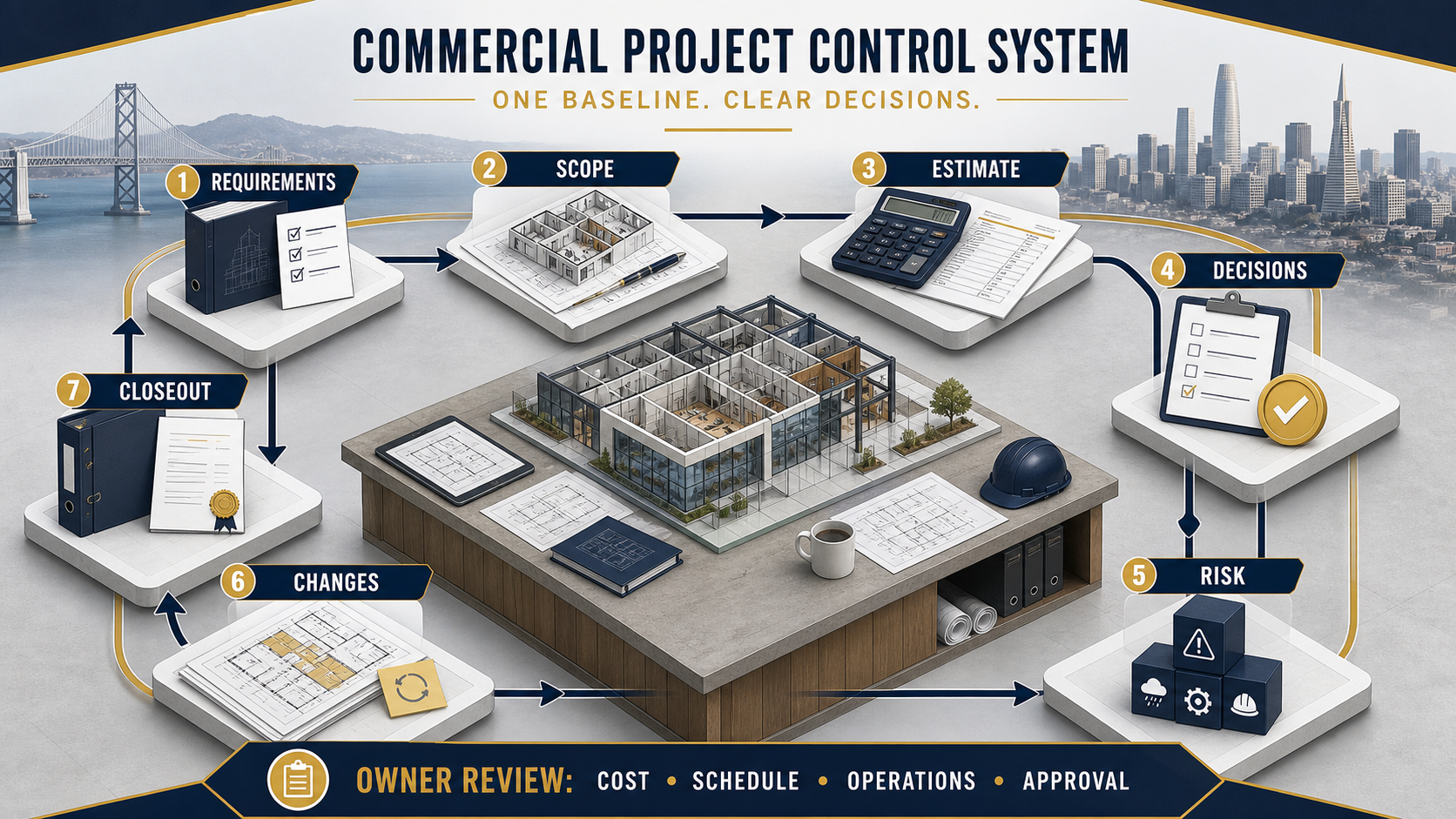 Commercial capital improvement project control system connecting requirements, scope, estimates, decisions, risk, changes and closeout