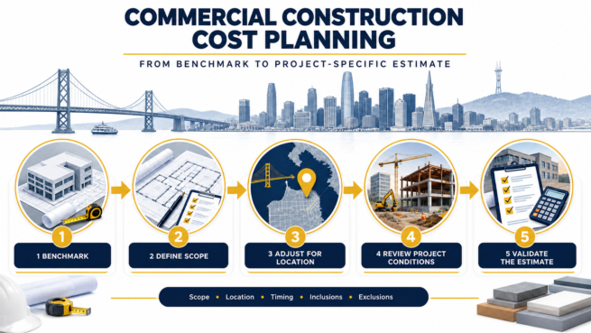 Five-step commercial construction cost planning framework from benchmark and scope through location, project conditions and estimate validation