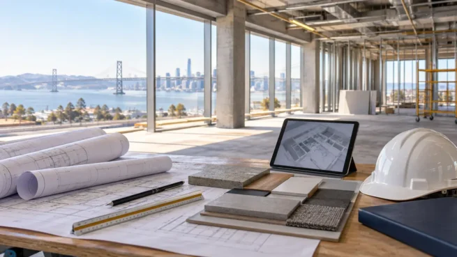 Commercial construction plans, material samples and safety helmet in a Bay Area build-out