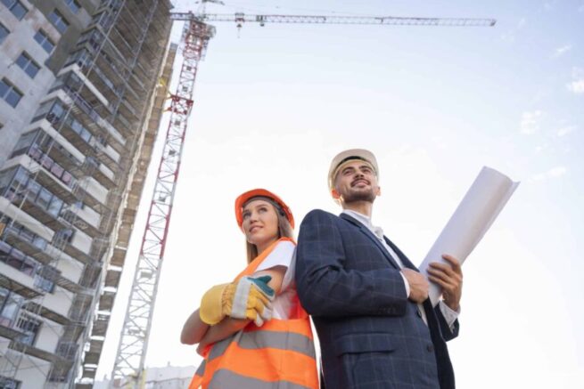 two commercial construction employees on-site