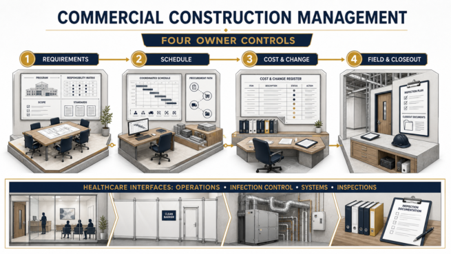 Four commercial construction management controls covering requirements, schedule, cost and change, field work and closeout, with healthcare interfaces