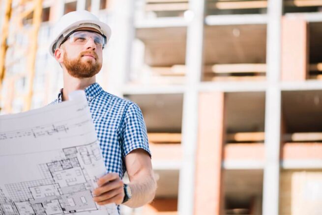 commercial construction manager holding blueprint of construction plan