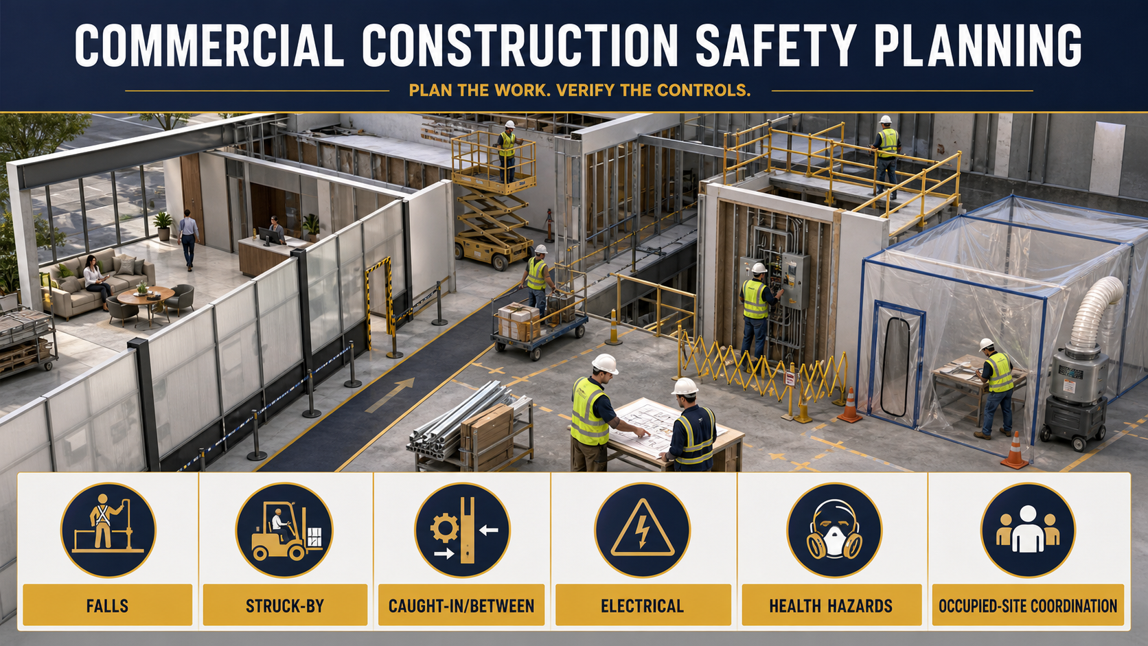 Commercial Construction Safety Planning Commercial construction safety planning framework covering falls, struck-by, caught-in or between, electrical, health hazards and occupied-site coordination.