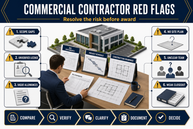 Commercial Contractor Red Flags Framework Commercial contractor red flags framework covering scope gaps, license verification, allowances, site planning, team clarity and closeout