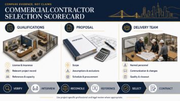 Commercial contractor selection scorecard covering qualifications, proposal and delivery team