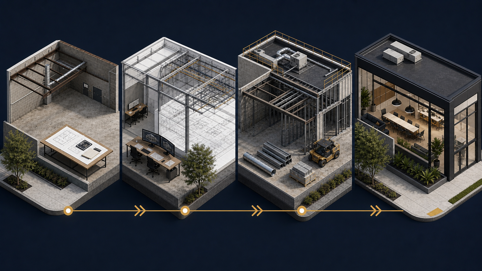 Illustration showing a commercial design-build project progressing from requirements and design coordination through construction to a completed space