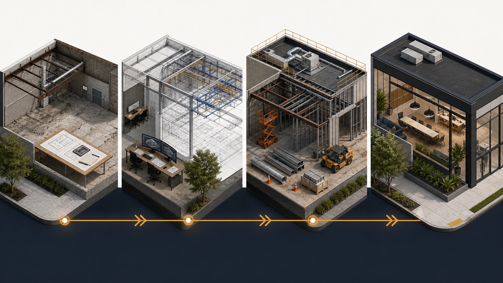 Illustration showing a commercial design-build project progressing from requirements and design coordination through construction to a completed space