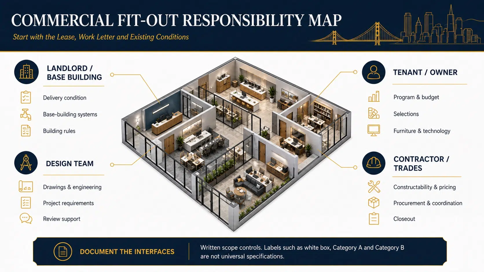 Commercial fit-out responsibility map for landlord, tenant, design team and contractor interfaces