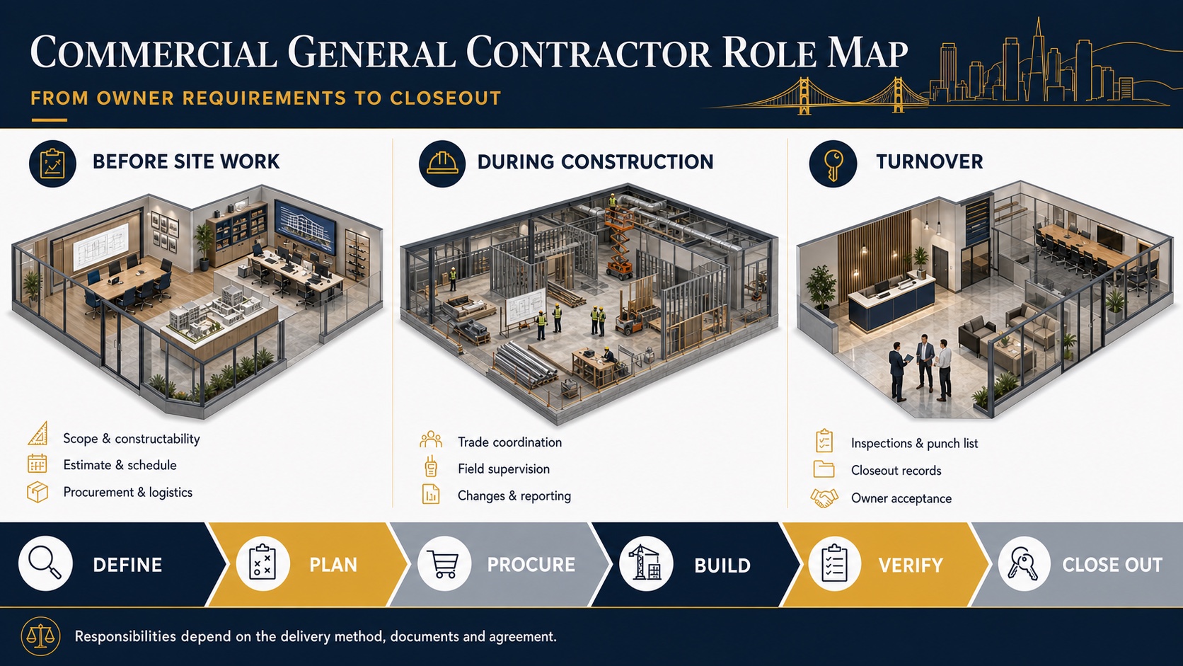 Commercial general contractor role map from owner requirements through closeout