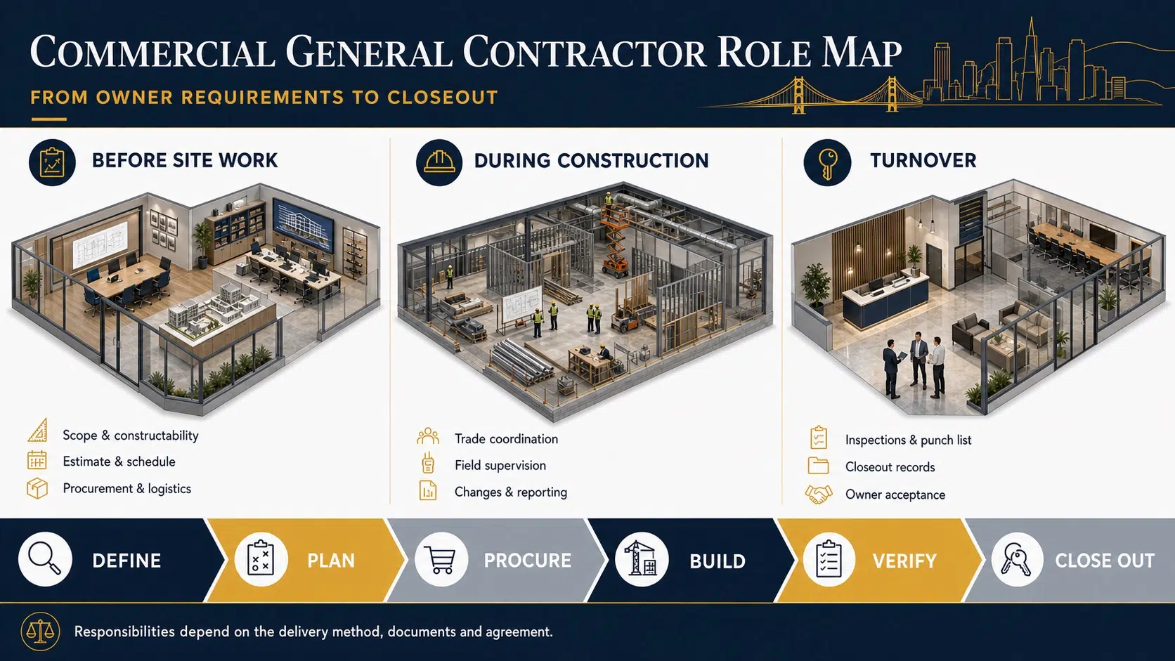 Commercial general contractor role map from owner requirements through closeout