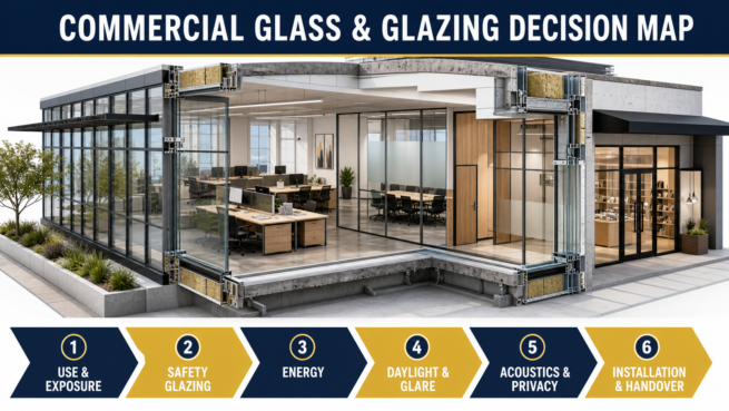 Commercial Glass and Glazing Decision Map Six-stage commercial glass and glazing decision map covering use, safety, energy, daylight, acoustics, installation and handover.