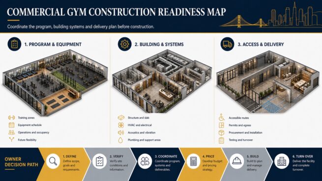 Commercial gym construction readiness map covering program, building systems, access and delivery