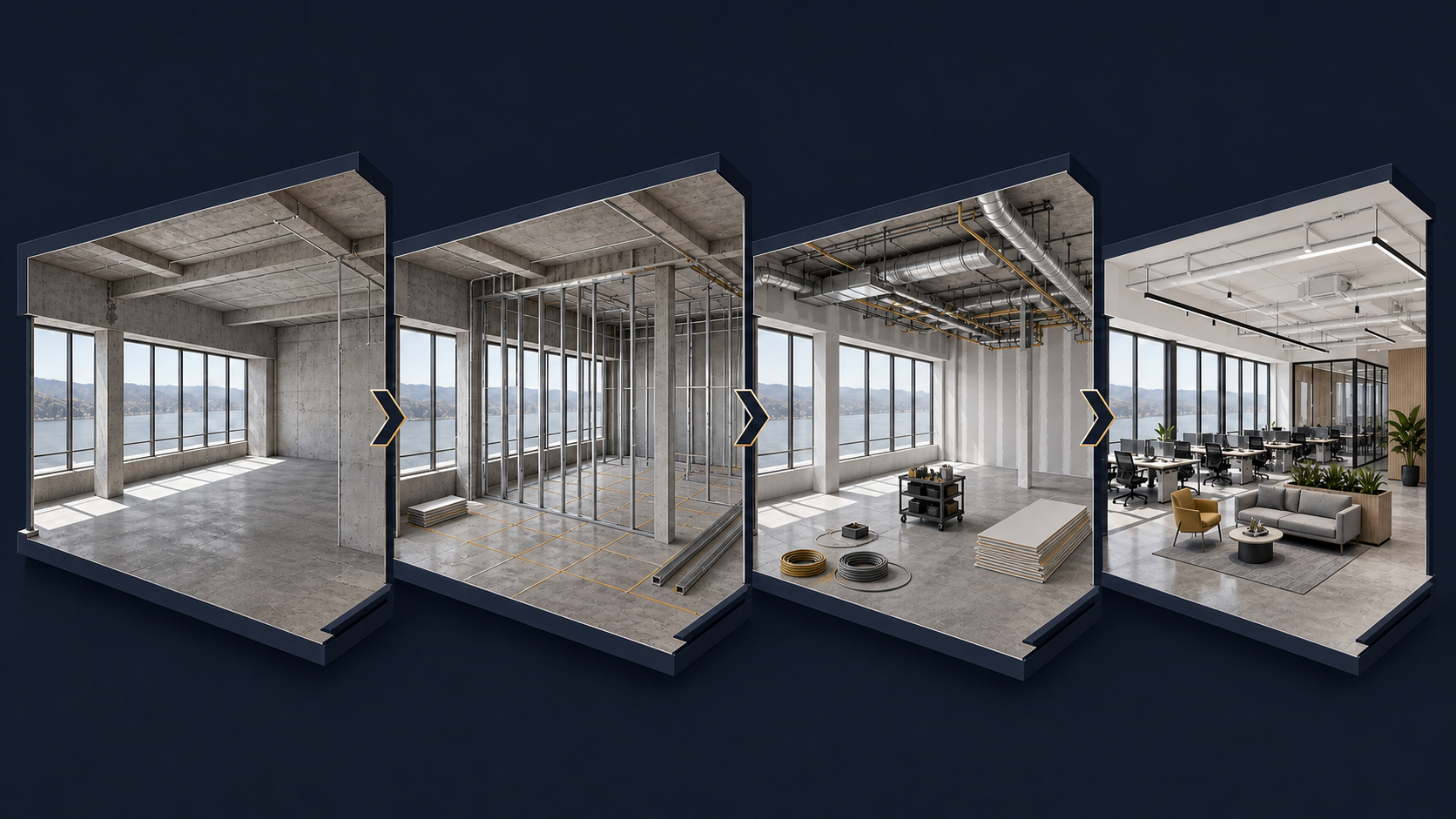 Illustration showing a commercial interior progressing from an empty space through framing and building systems to a completed workplace