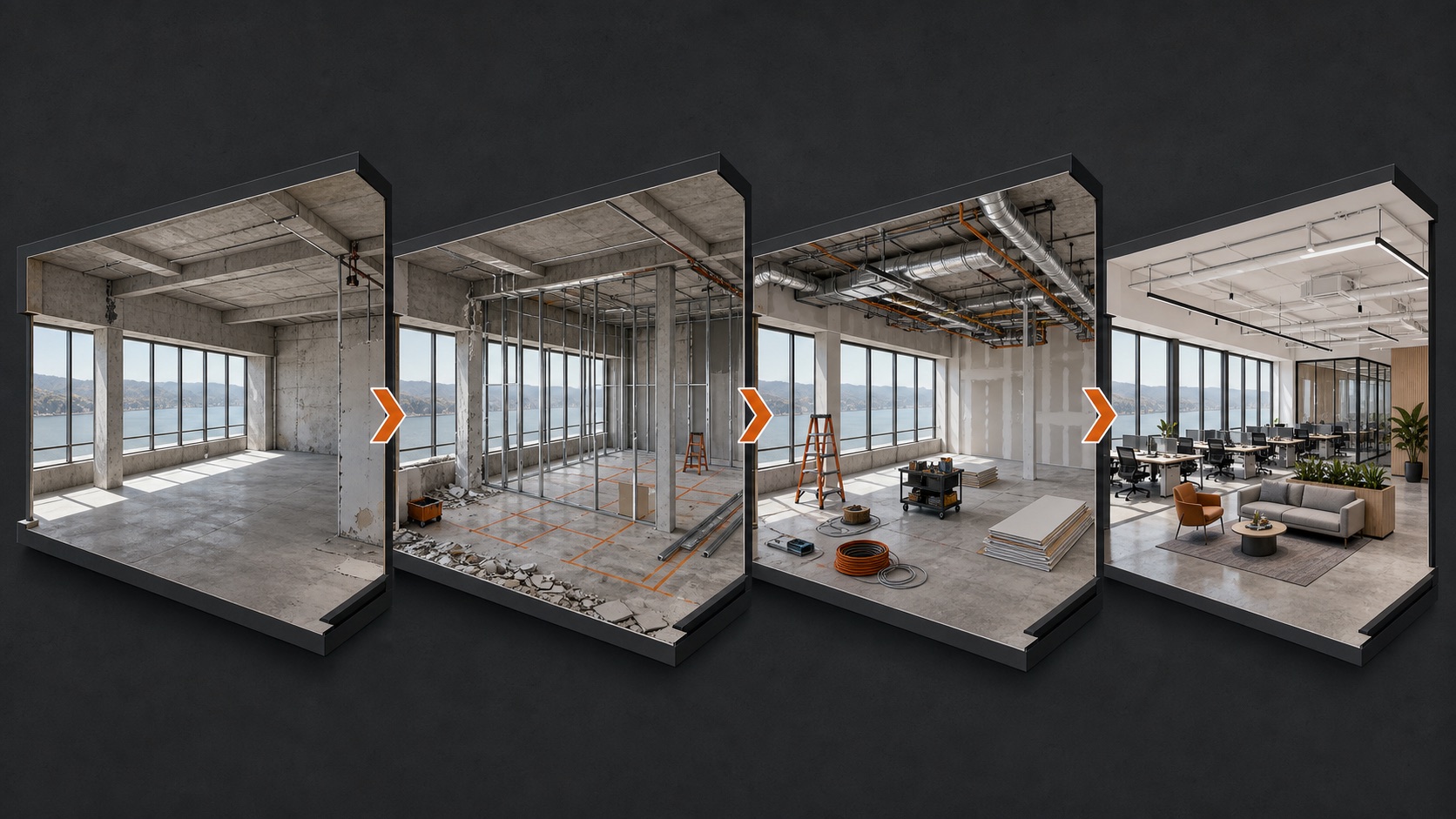 Illustration showing a commercial interior progressing from an empty space through framing and building systems to a completed workplace