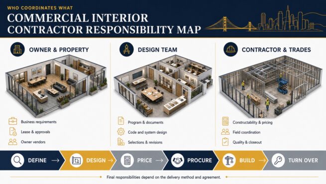 Commercial interior contractor responsibility map for owner, design team, contractor and trades