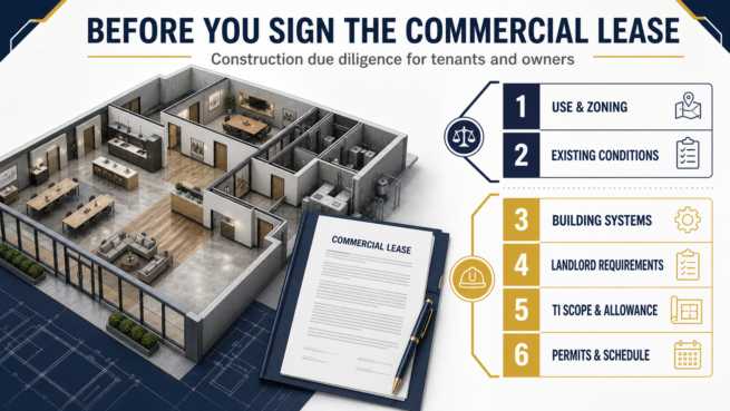 Commercial Lease Construction Due-Diligence Framework Commercial lease construction due-diligence checklist covering use, conditions, systems, landlord requirements, TI allowance, permits and schedule