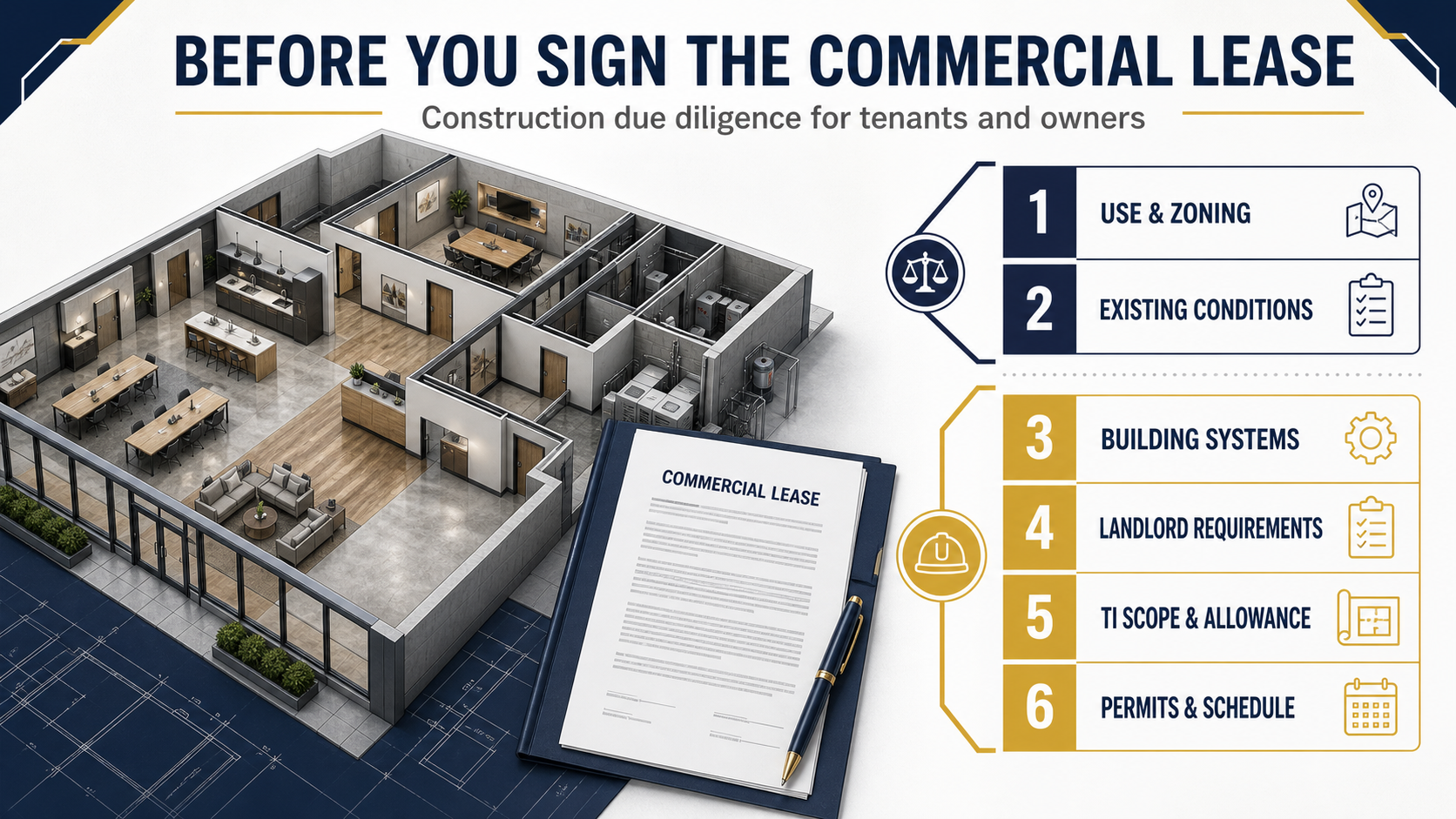 Commercial Lease Construction Due-Diligence Framework Commercial lease construction due-diligence checklist covering use, conditions, systems, landlord requirements, TI allowance, permits and schedule