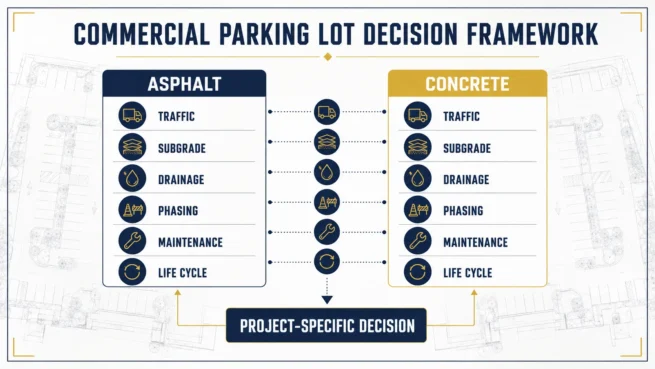 Balanced asphalt and concrete parking lot decision framework comparing traffic, subgrade, drainage, phasing, maintenance and life cycle