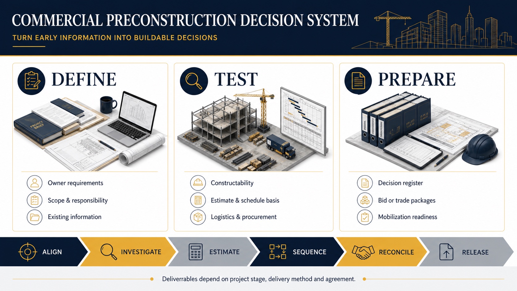 Commercial preconstruction decision system covering definition, testing and preparation