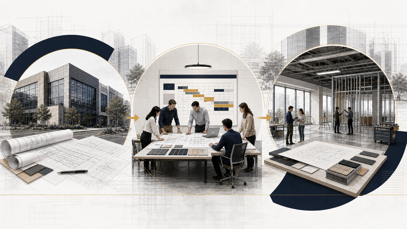 Illustration of commercial preconstruction from building and plan review through collaborative scope, budget and schedule planning to a construction-ready commercial interior