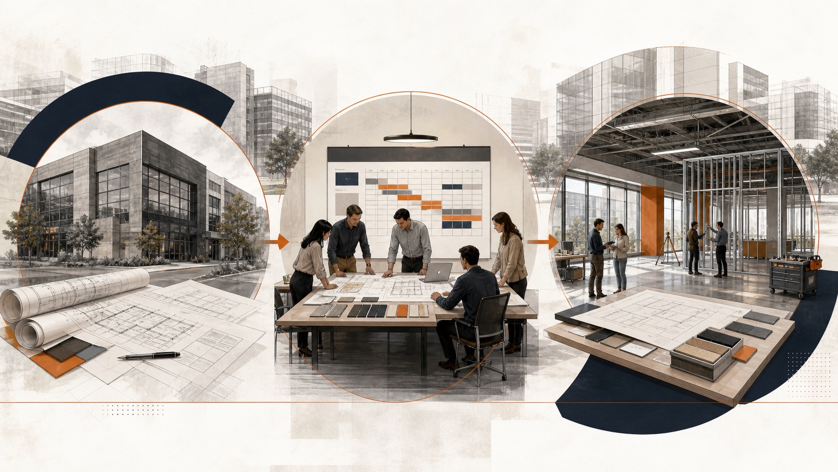 Illustration of commercial preconstruction from building and plan review through collaborative scope, budget and schedule planning to a construction-ready commercial interior