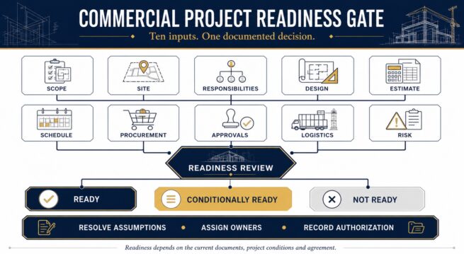 Commercial project readiness gate connecting ten planning inputs to ready, conditionally ready or not ready decisions