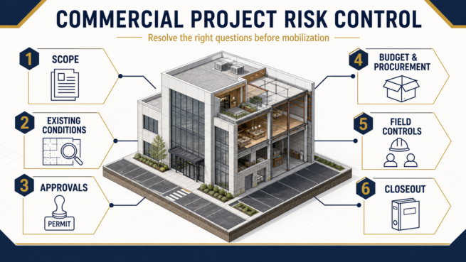 Commercial Project Risk-Control Framework Commercial project risk-control framework showing scope, existing conditions, approvals, budget and procurement, field controls, and closeout
