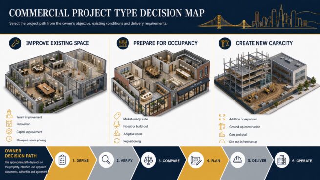 Commercial project type decision map comparing improvements, occupancy preparation and new capacity