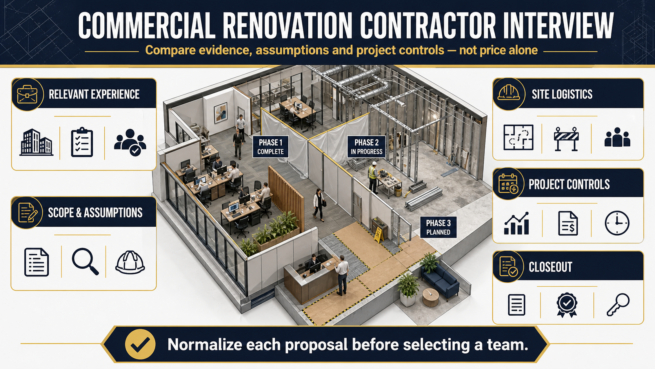 Commercial Renovation Contractor Interview Framework Commercial renovation contractor interview framework comparing experience, scope, logistics, project controls and closeout