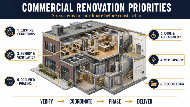 Six coordinated priorities for a commercial building renovation