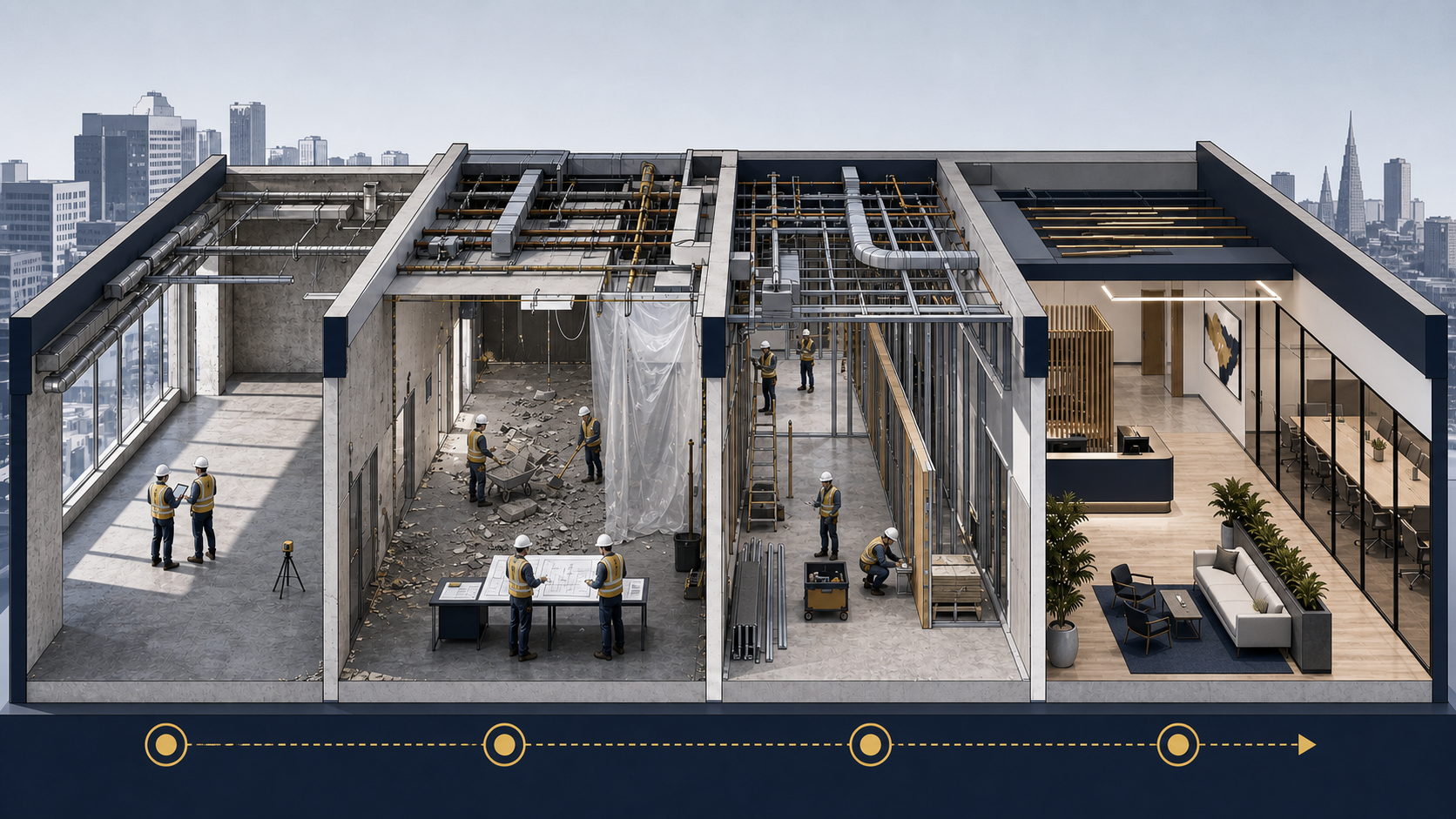 Illustration of a commercial renovation progressing from existing-condition assessment through selective demolition and construction to a completed workplace