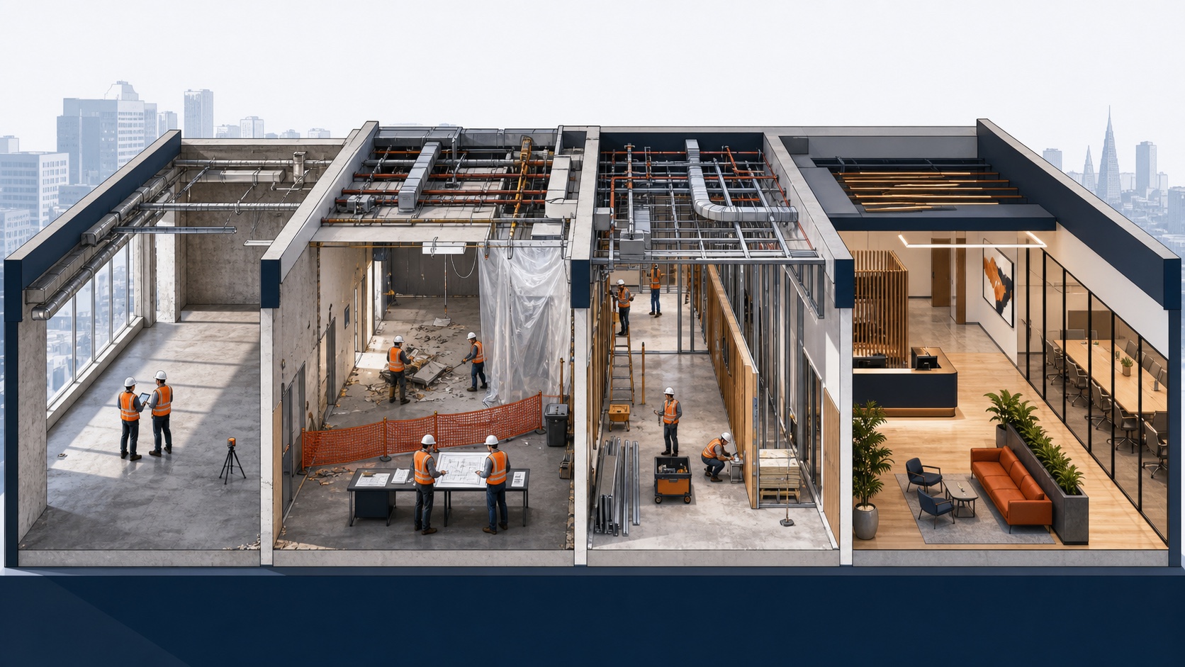 Illustration of a commercial renovation progressing from existing-condition assessment through selective demolition and construction to a completed workplace